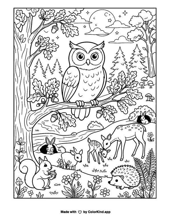 Wild Animals Owl as clean black-and-white printable line art made by ColorKind
