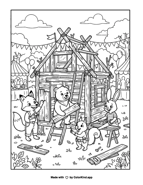 Woodland friends building a cozy clubhouse at a cheerful outdoor festival as clean black-and-white printable line art made by ColorKind