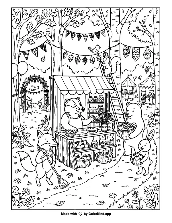 Woodland friends helping a neighbor at a cheerful outdoor festival as clean black-and-white printable line art made by ColorKind