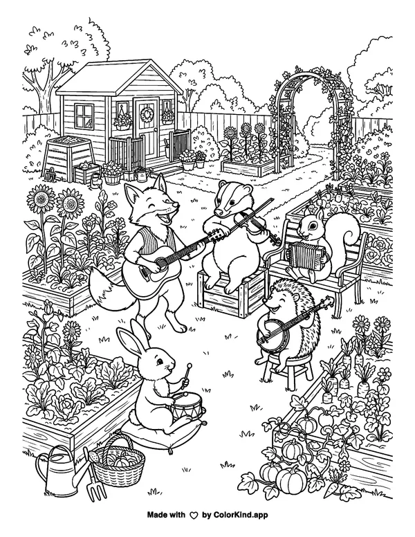 Woodland friends making music in a lively community garden as clean black-and-white printable line art made by ColorKind