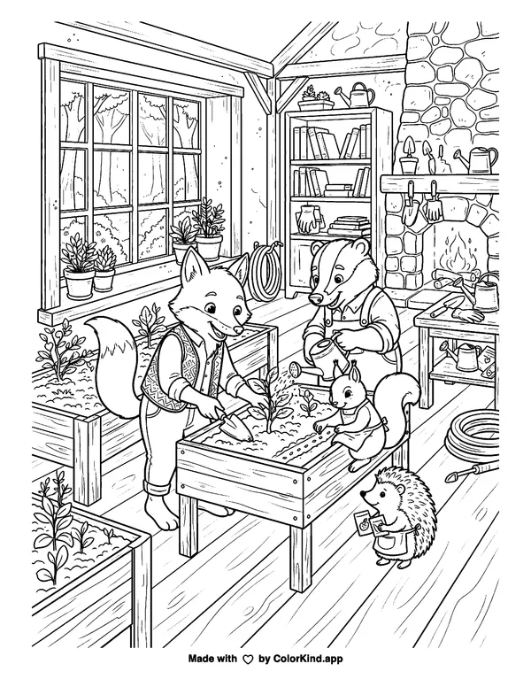Woodland friends planting a garden inside a warm storybook cottage as clean black-and-white printable line art made by ColorKind