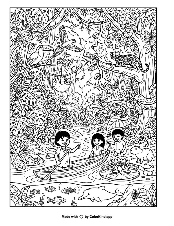 Woodland friends planting a garden near a cozy treehouse as clean black-and-white printable line art made by ColorKind