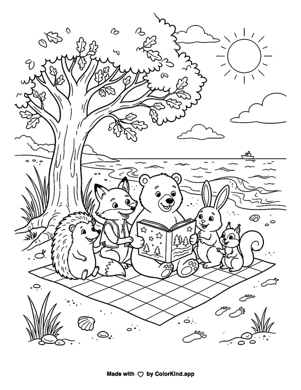 Woodland friends reading together near a sunny beach as clean black-and-white printable line art made by ColorKind