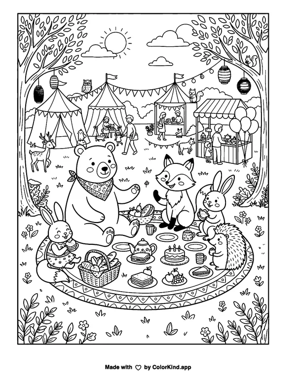 Woodland friends sharing a picnic at a cheerful outdoor festival as clean black-and-white printable line art made by ColorKind