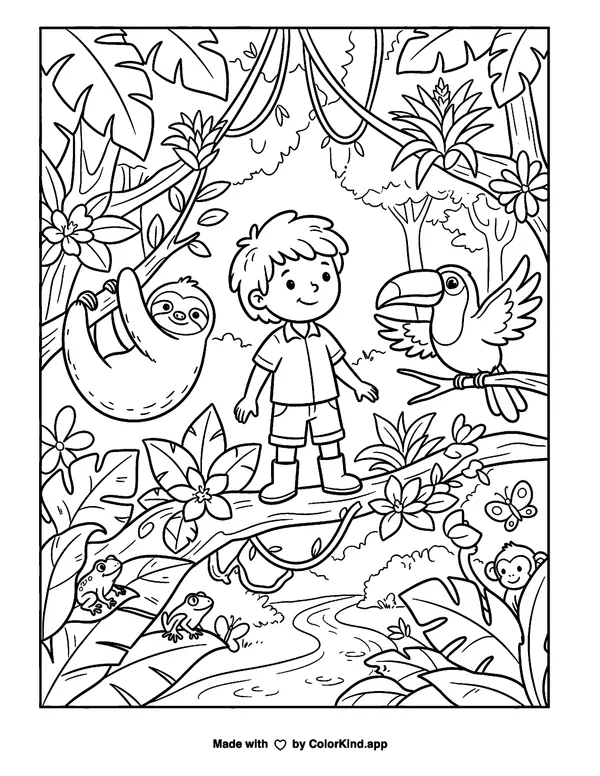 World Rainforest Day as clean black-and-white printable line art made by ColorKind