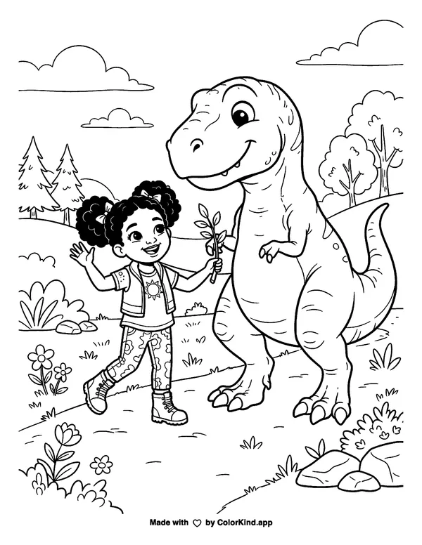 A child offering a branch to a dinosaur as clean black-and-white printable line art made by ColorKind