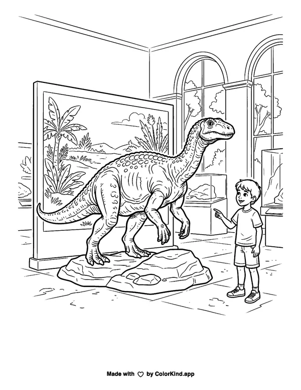 A gentle triceratops exploring a fern forest inside a warm storybook cottage as clean black-and-white printable line art made by ColorKind