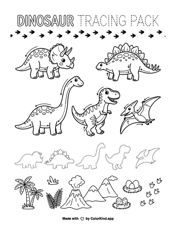 Dinosaur Tracing Collection as clean black-and-white printable line art made by ColorKind
