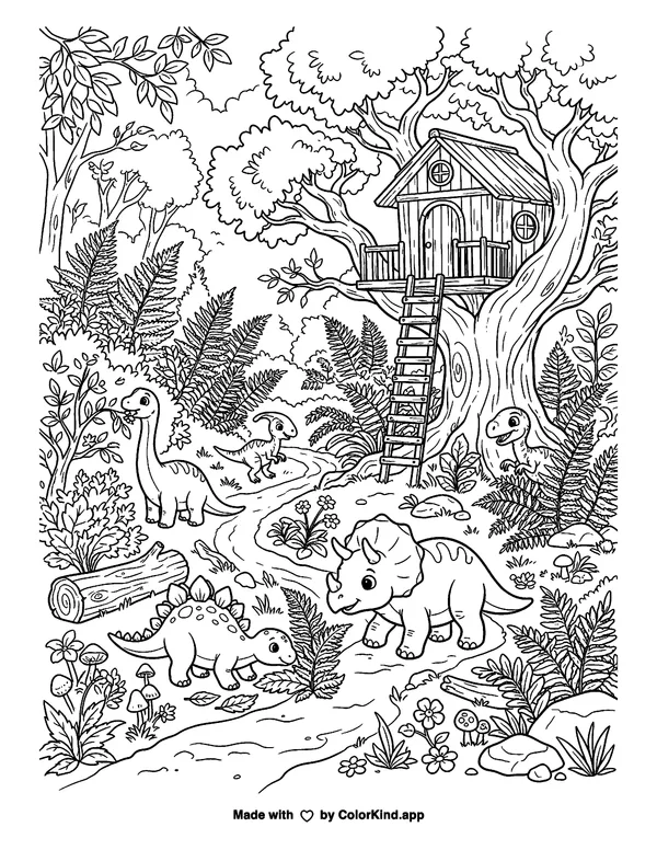 Baby dinosaurs exploring a fern forest near a cozy treehouse as clean black-and-white printable line art made by ColorKind