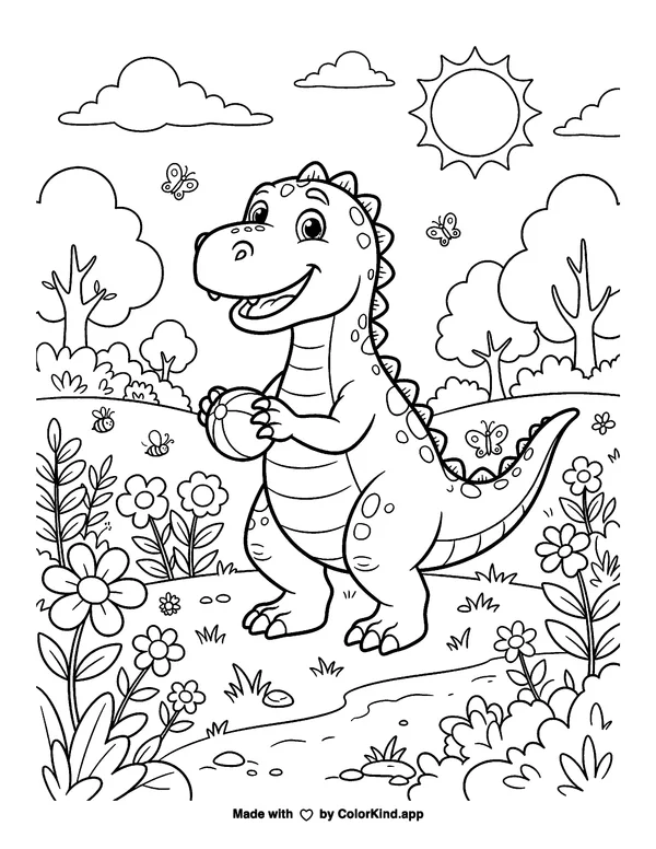 Dinosaur Holding a Ball in a Meadow as clean black-and-white printable line art made by ColorKind