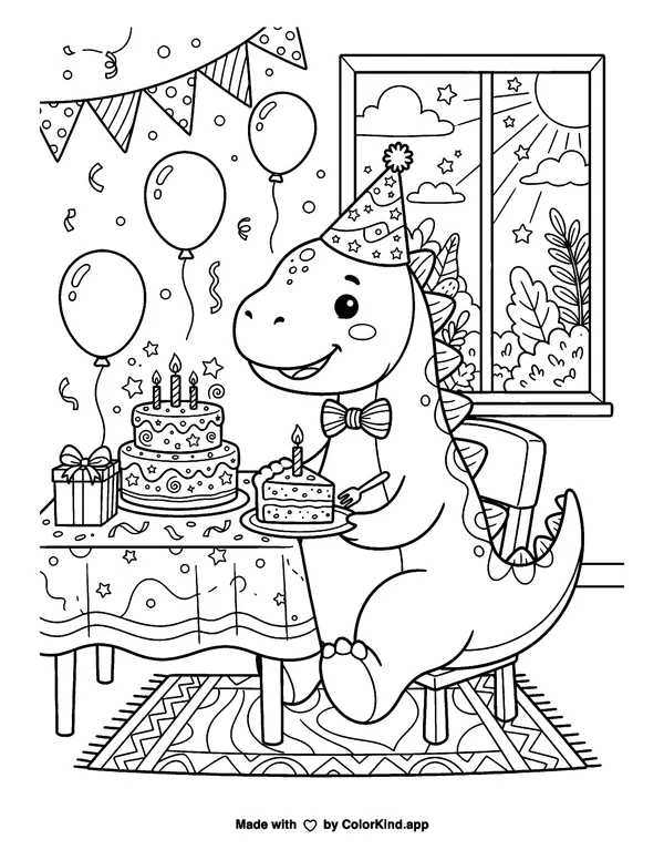 Birthday Dinosaur as clean black-and-white printable line art made by ColorKind