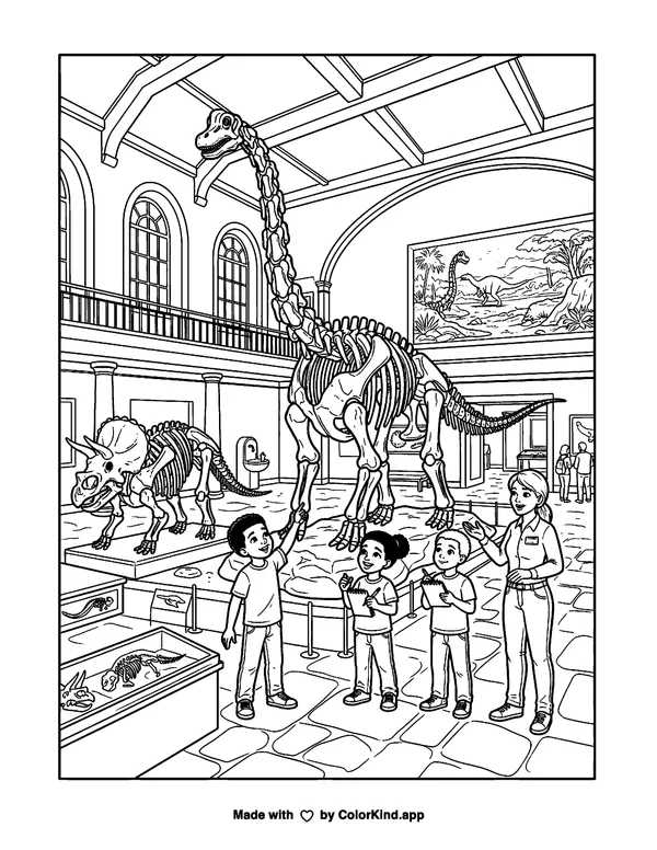 Museum Dinosaurs as clean black-and-white printable line art made by ColorKind