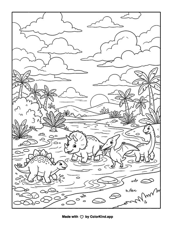 Prehistoric animal friends crossing a gentle river under a sky full of clouds as clean black-and-white printable line art made by ColorKind