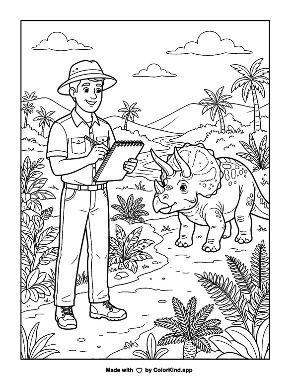 Prehistoric animal friends sharing a picnic under a sky full of clouds as clean black-and-white printable line art made by ColorKind