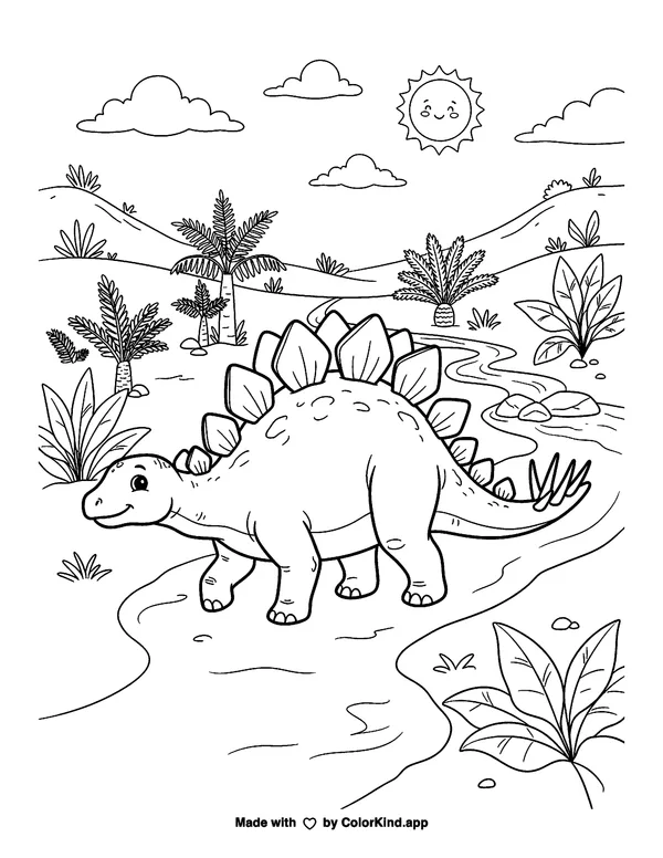 Stegosaurus Cartoon as clean black-and-white printable line art made by ColorKind