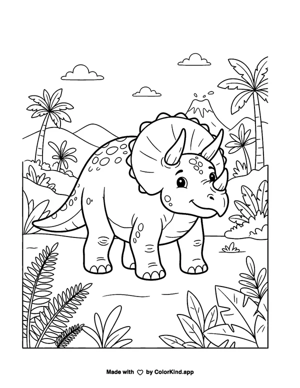 Triceratops Cartoon as clean black-and-white printable line art made by ColorKind