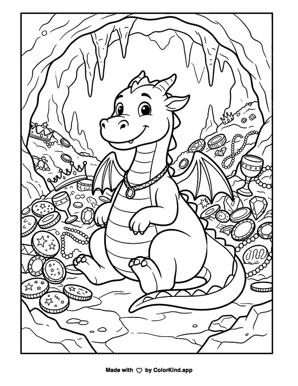 A friendly dragon exploring an original castle beside a peaceful pond as clean black-and-white printable line art made by ColorKind