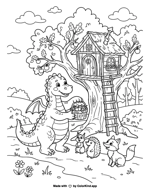 A friendly dragon helping woodland friends near a cozy treehouse, scene 2 as clean black-and-white printable line art made by ColorKind