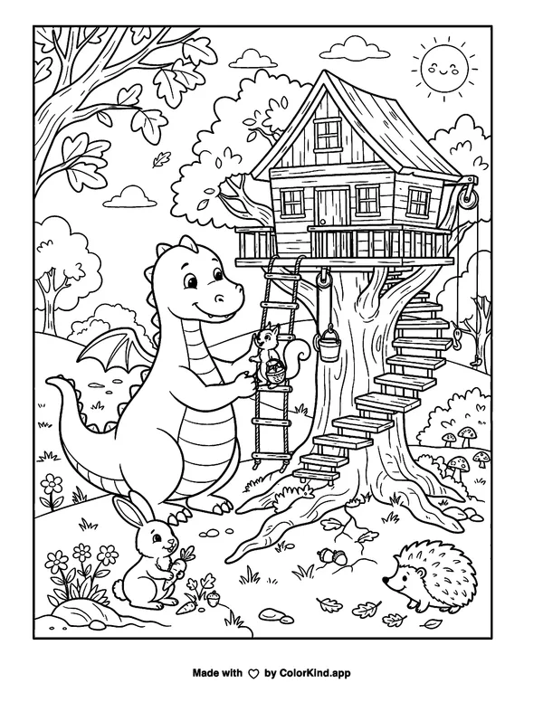 A friendly dragon helping woodland friends near a cozy treehouse as clean black-and-white printable line art made by ColorKind