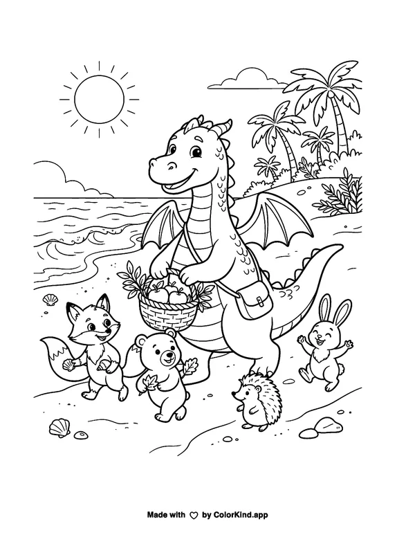 A friendly dragon helping woodland friends near a sunny beach as clean black-and-white printable line art made by ColorKind