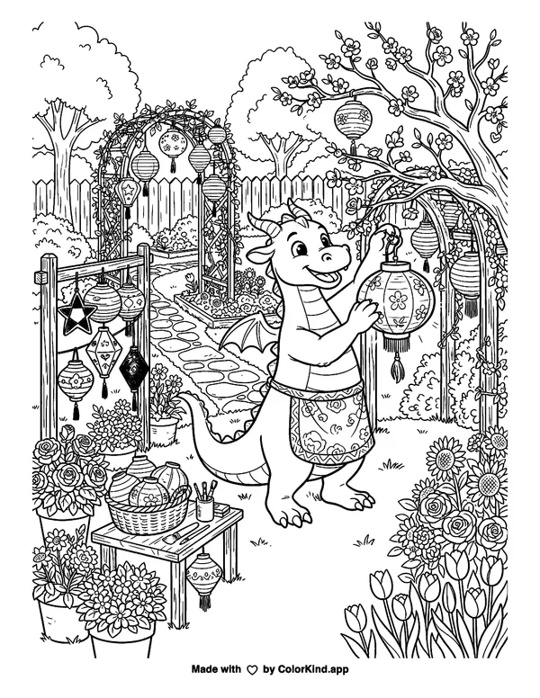 A friendly dragon preparing a lantern festival in a lively community garden as clean black-and-white printable line art made by ColorKind
