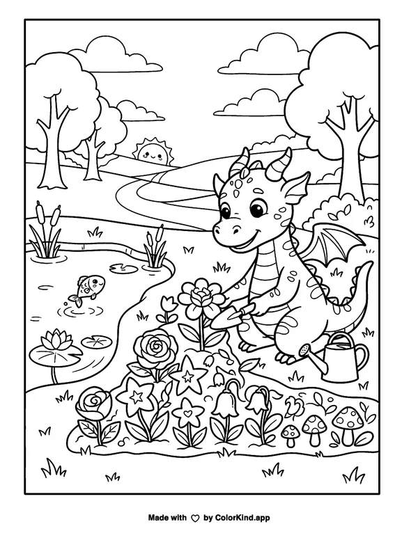 A friendly dragon tending a magical garden beside a peaceful pond as clean black-and-white printable line art made by ColorKind