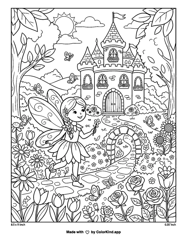 A garden fairy exploring an original castle in a flower-filled park as clean black-and-white printable line art made by ColorKind