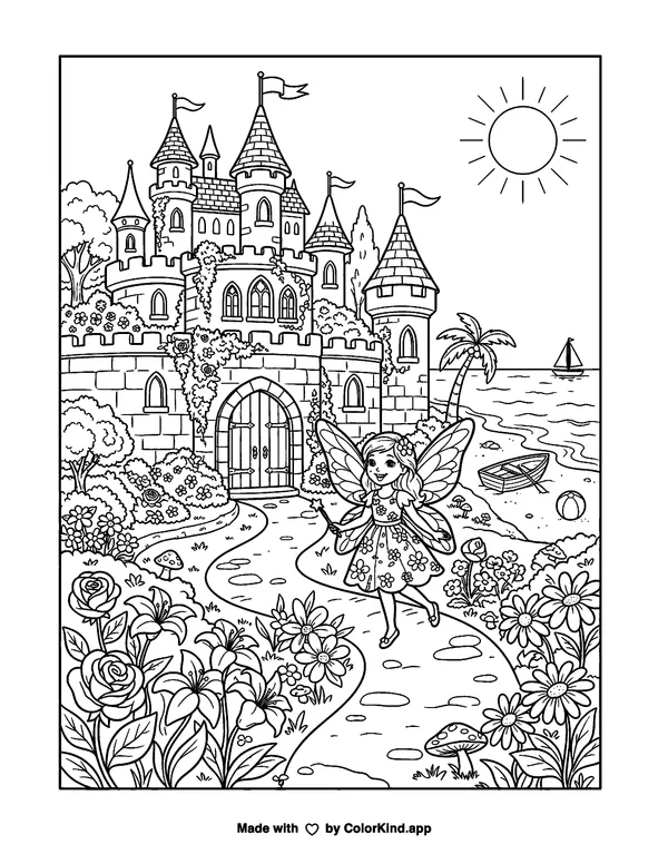 A garden fairy exploring an original castle near a sunny beach as clean black-and-white printable line art made by ColorKind