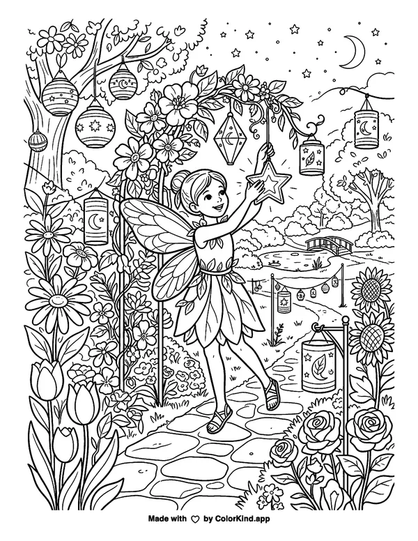 A garden fairy preparing a lantern festival in a flower-filled park as clean black-and-white printable line art made by ColorKind