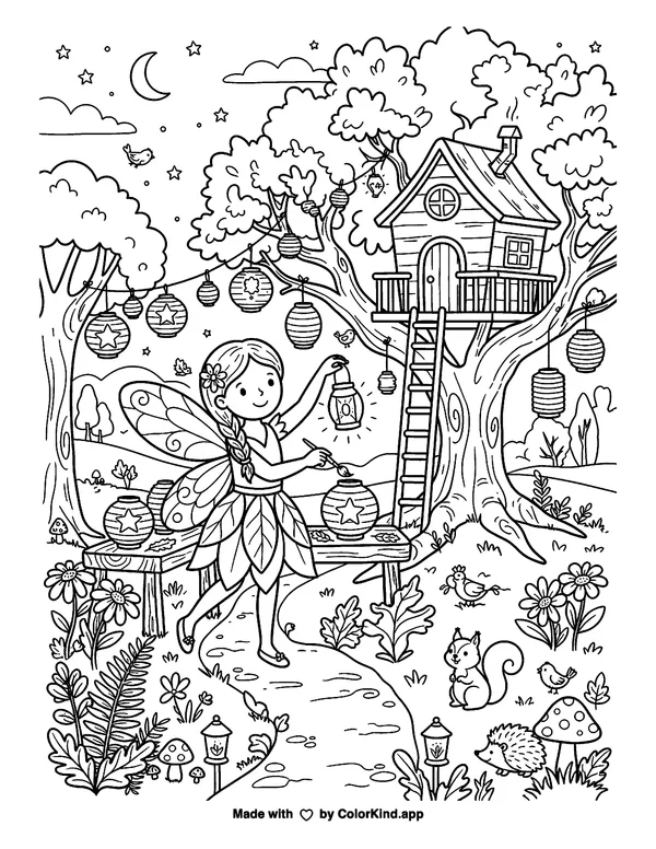 A garden fairy preparing a lantern festival near a cozy treehouse as clean black-and-white printable line art made by ColorKind