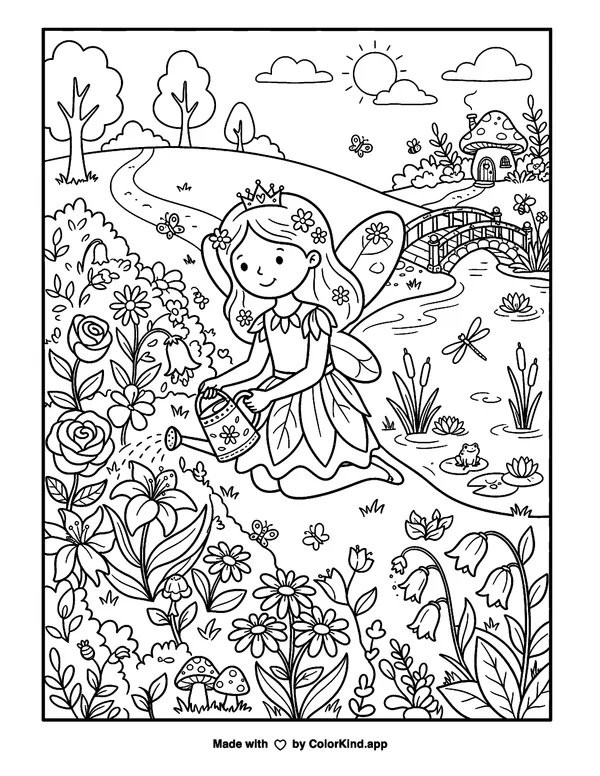 A garden fairy tending a magical garden beside a peaceful pond as clean black-and-white printable line art made by ColorKind