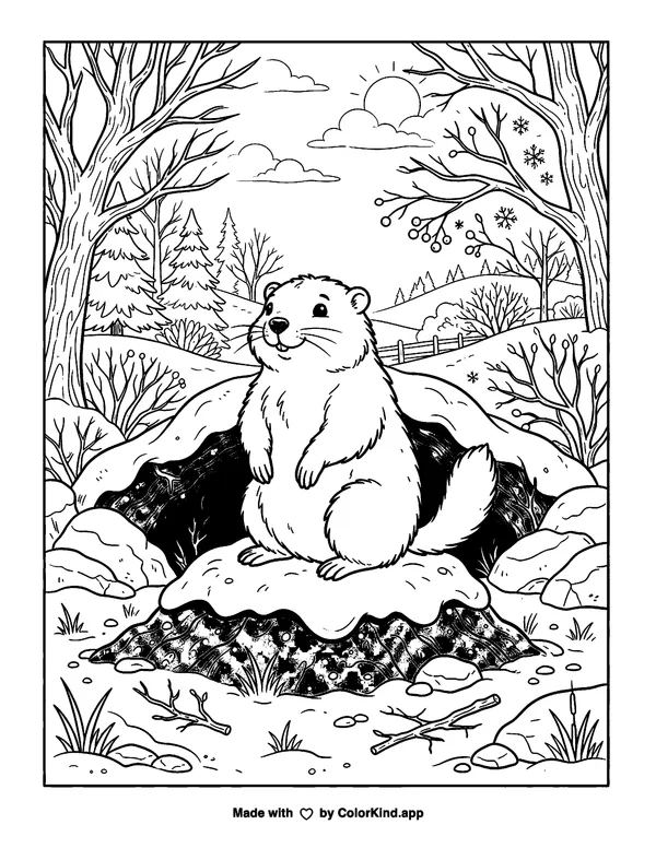 A group of tiny fantasy creatures helping woodland friends at a cheerful outdoor festival as clean black-and-white printable line art made by ColorKind