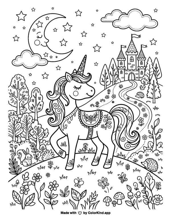A group of tiny fantasy creatures helping woodland friends near a cozy treehouse as clean black-and-white printable line art made by ColorKind