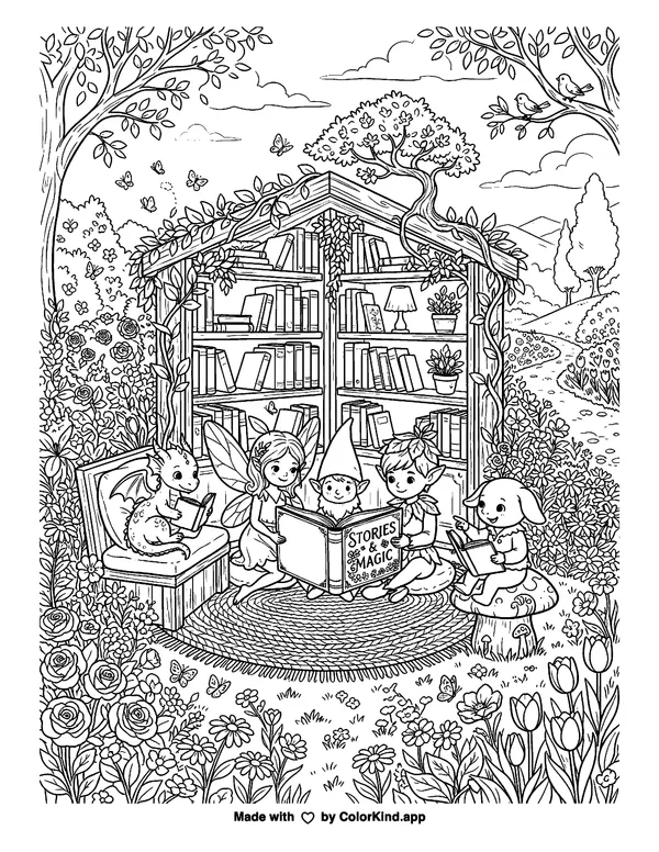 A group of tiny fantasy creatures reading in a storybook library in a flower-filled park as clean black-and-white printable line art made by ColorKind