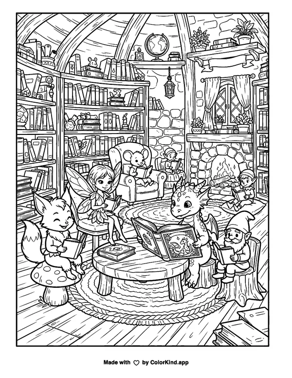 A group of tiny fantasy creatures reading in a storybook library inside a warm storybook cottage as clean black-and-white printable line art made by ColorKind