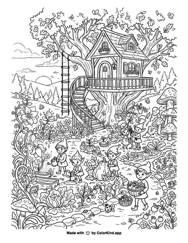 A group of tiny fantasy creatures tending a magical garden near a cozy treehouse as clean black-and-white printable line art made by ColorKind