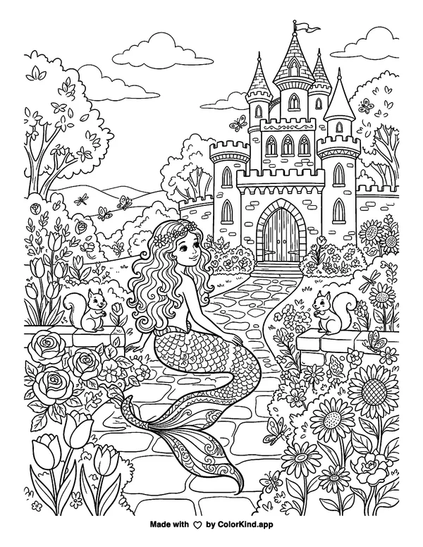 A kind mermaid exploring an original castle in a flower-filled park as clean black-and-white printable line art made by ColorKind