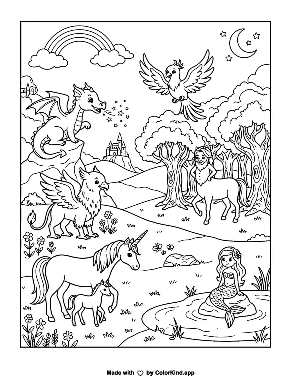 A kind mermaid helping woodland friends in a welcoming neighborhood as clean black-and-white printable line art made by ColorKind