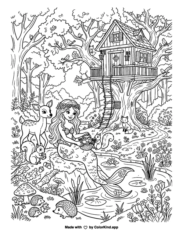A kind mermaid helping woodland friends near a cozy treehouse as clean black-and-white printable line art made by ColorKind