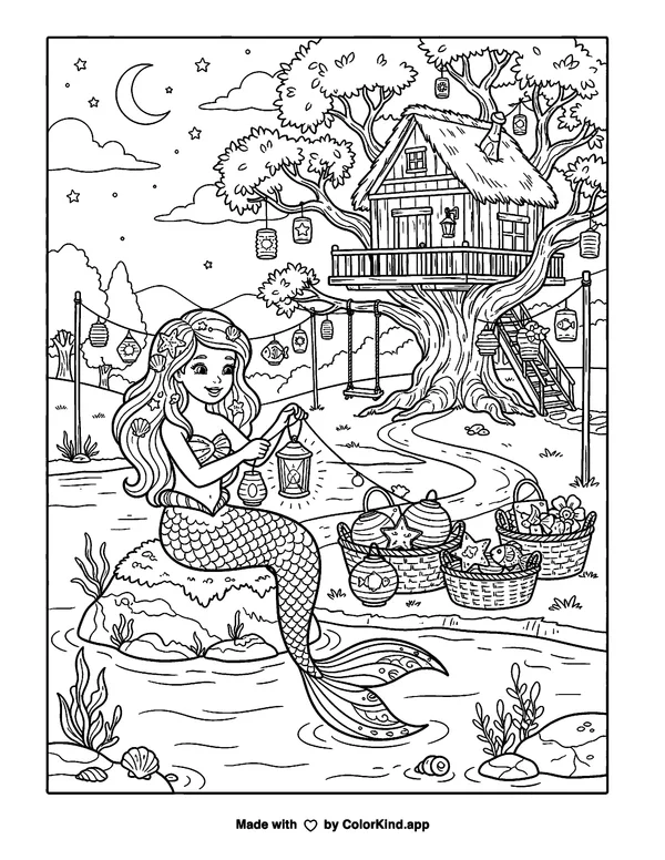 A kind mermaid preparing a lantern festival near a cozy treehouse as clean black-and-white printable line art made by ColorKind