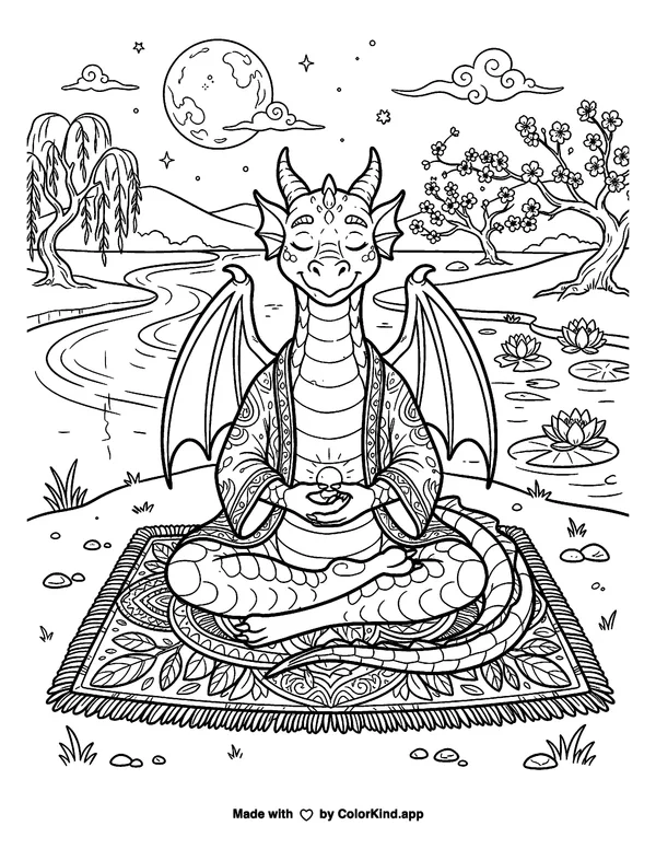 A kind mermaid sharing a cloud picnic beside a peaceful pond as clean black-and-white printable line art made by ColorKind