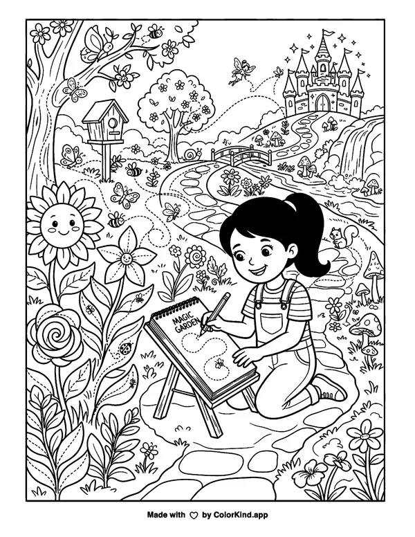 A kind mermaid sharing a cloud picnic in a flower-filled park as clean black-and-white printable line art made by ColorKind