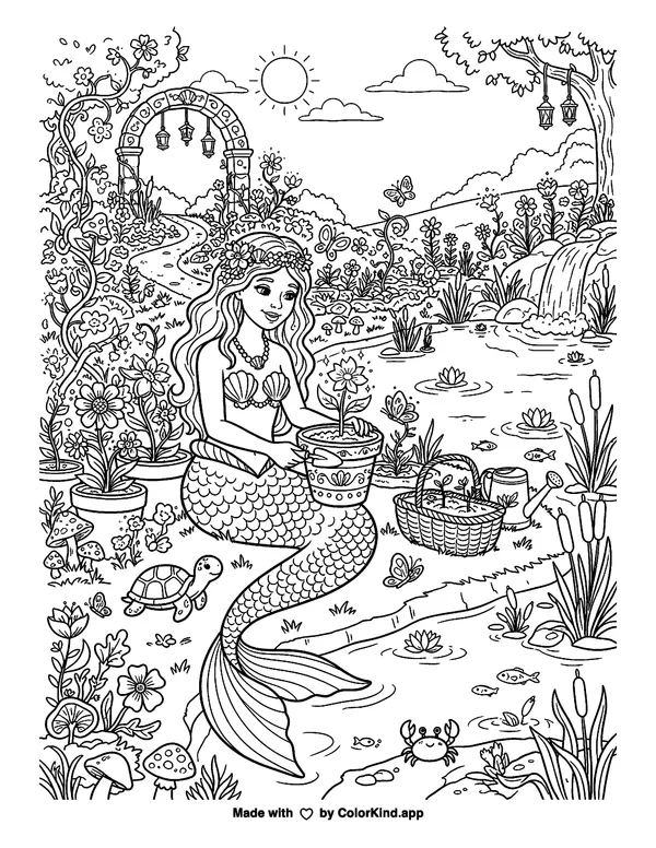 A kind mermaid tending a magical garden beside a peaceful pond as clean black-and-white printable line art made by ColorKind