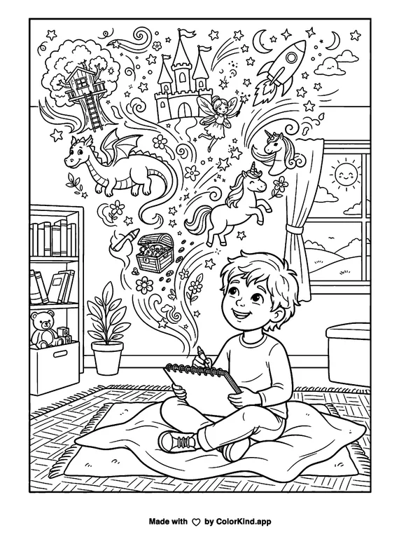 A young unicorn exploring an original castle along a winding woodland trail as clean black-and-white printable line art made by ColorKind