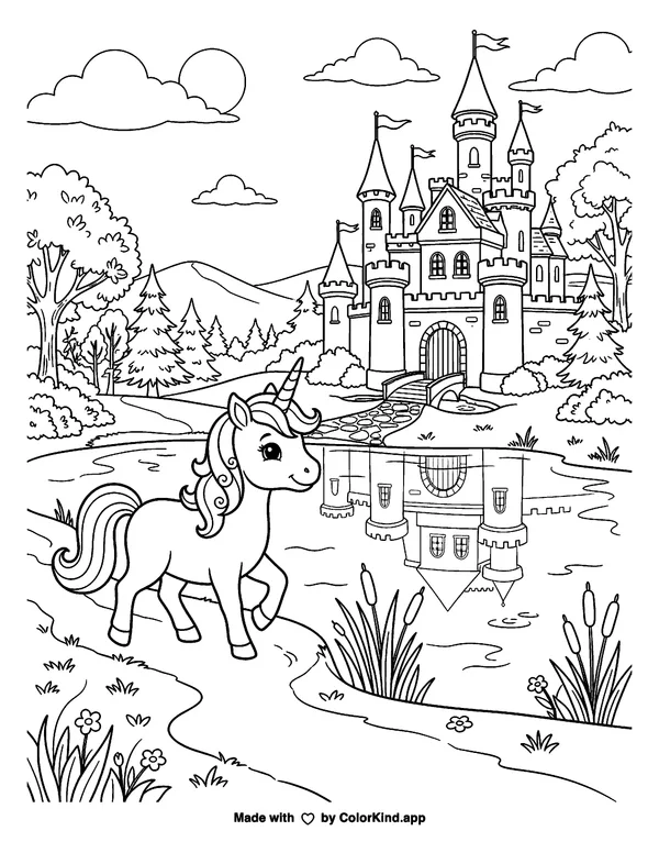 A young unicorn exploring an original castle beside a peaceful pond as clean black-and-white printable line art made by ColorKind