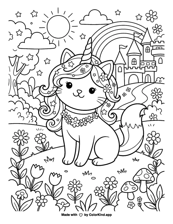 A young unicorn helping woodland friends near a cozy treehouse as clean black-and-white printable line art made by ColorKind