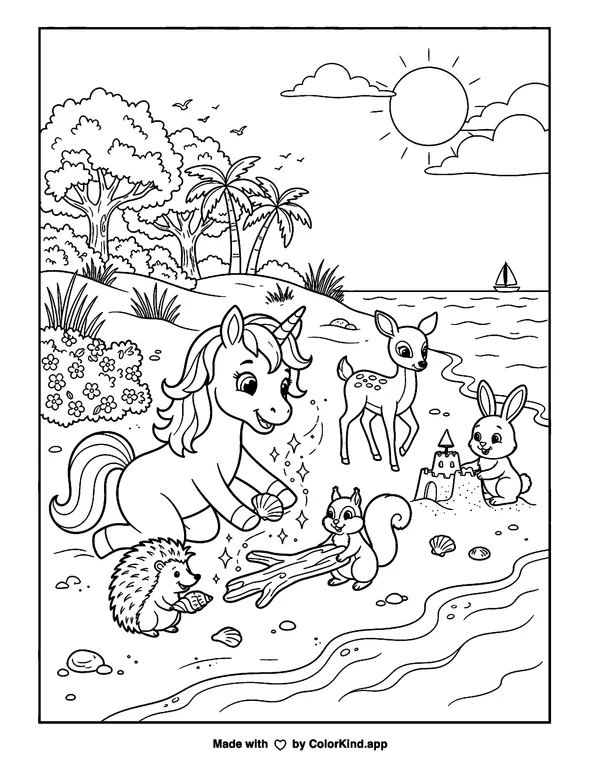 A young unicorn helping woodland friends near a sunny beach as clean black-and-white printable line art made by ColorKind