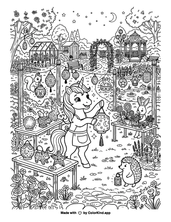 A young unicorn preparing a lantern festival in a lively community garden as clean black-and-white printable line art made by ColorKind