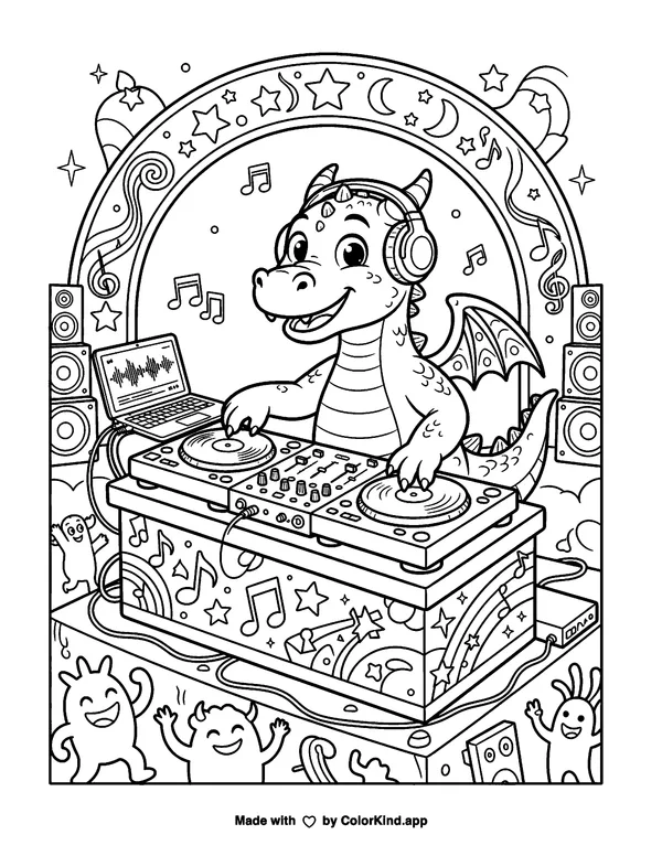 A young unicorn sharing a cloud picnic beside a peaceful pond as clean black-and-white printable line art made by ColorKind