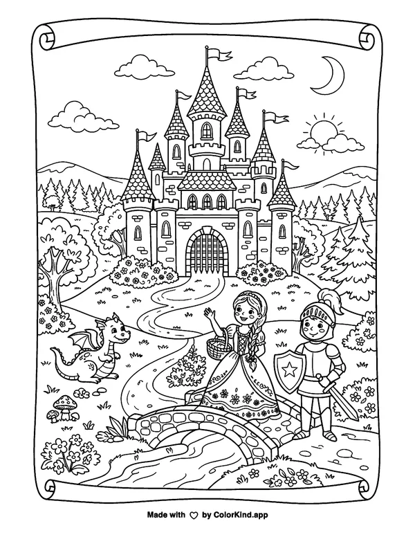 A young unicorn sharing a cloud picnic near a cozy treehouse as clean black-and-white printable line art made by ColorKind